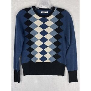 Ashworth Women's‎ Black and Blue Argyle Diamond 100% Merino Wool Sweater Size S